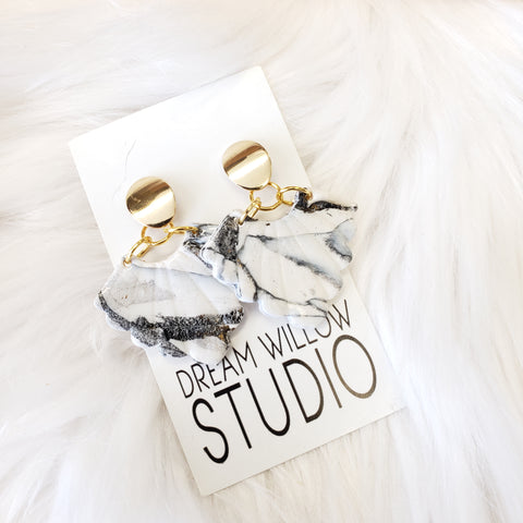 Dangly Marble White and Gold Earrings