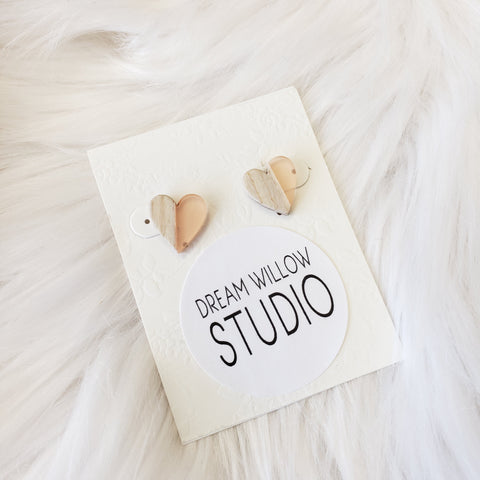 Resin and Wood Heart Stud Earrings - Stainless Steel Posts