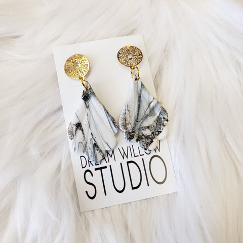 Dangly Marble White and Gold Earrings with Filigree Posts